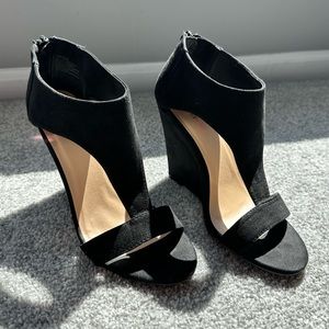 Just Fab Faux Suede Wedge Sandals, Black, Size 7.5